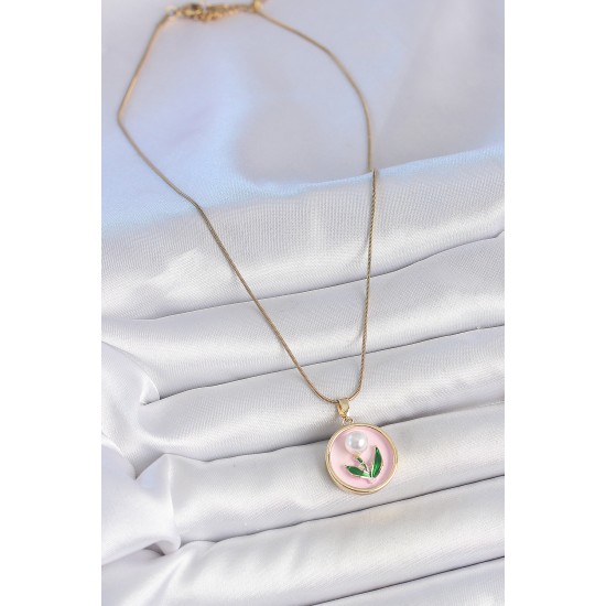 316L Çelik Gold Renk Zincir Pembe Mineli İncili Çiçek İşlemeli Portre Model Kadın Kolye - TJ-BKO10169