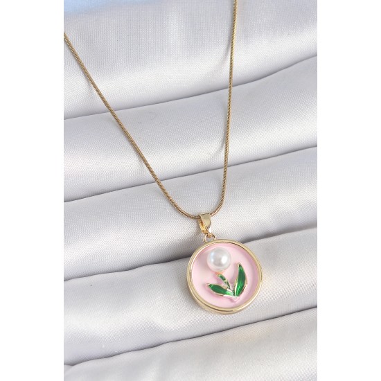 316L Çelik Gold Renk Zincir Pembe Mineli İncili Çiçek İşlemeli Portre Model Kadın Kolye - TJ-BKO10169