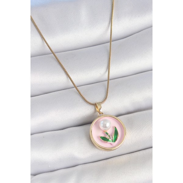 316L Çelik Gold Renk Zincir Pembe Mineli İncili Çiçek İşlemeli Portre Model Kadın Kolye - TJ-BKO10169