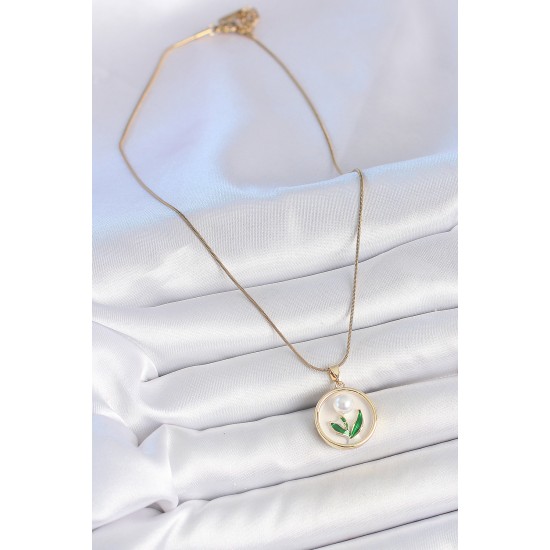 316L Çelik Gold Renk Zincir Beyaz Mineli İncili Çiçek İşlemeli Portre Model Kadın Kolye - TJ-BKO10170