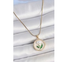 316L Çelik Gold Renk Zincir Beyaz Mineli İncili Çiçek İşlemeli Portre Model Kadın Kolye - TJ-BKO10170