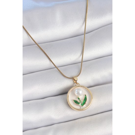 316L Çelik Gold Renk Zincir Beyaz Mineli İncili Çiçek İşlemeli Portre Model Kadın Kolye - TJ-BKO10170