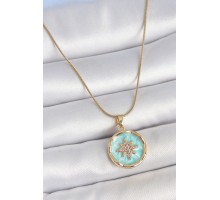 316L Çelik Gold Renk Zincir Mavi Mineli Zirkon Taşlı Kuzey Yıldız İşlemli Madalyon Model Kadın Kolye - TJ-BKO10171