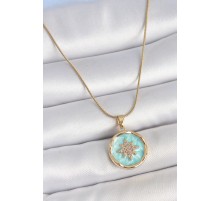 316L Çelik Gold Renk Zincir Mavi Mineli Zirkon Taşlı Kuzey Yıldız İşlemli Madalyon Model Kadın Kolye - TJ-BKO10171