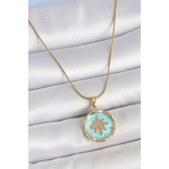 316L Çelik Gold Renk Zincir Mavi Mineli Zirkon Taşlı Kuzey Yıldız İşlemli Madalyon Model Kadın Kolye - TJ-BKO10171