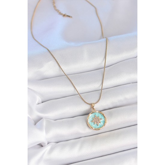 316L Çelik Gold Renk Zincir Mavi Mineli Zirkon Taşlı Kuzey Yıldız İşlemli Madalyon Model Kadın Kolye - TJ-BKO10171