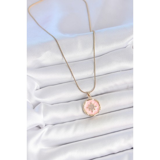 316L Çelik Gold Renk Zincir Pembe Mineli Zirkon Taşlı Kuzey Yıldız İşlemeli Madalyon Model Kadın Kolye - TJ-BKO10172