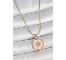 316L Çelik Gold Renk Zincir Pembe Mineli Zirkon Taşlı Kuzey Yıldız İşlemeli Madalyon Model Kadın Kolye - TJ-BKO10172