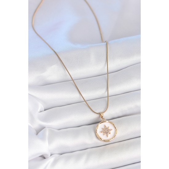 316L Çelik Gold Renk Zincir Beyaz Mineli Zirkon Taşlı Kuzey Yıldız İşlemeli Madalyon Model Kadın Kolye - TJ-BKO10173