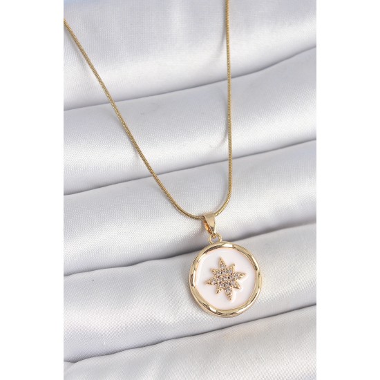 316L Çelik Gold Renk Zincir Beyaz Mineli Zirkon Taşlı Kuzey Yıldız İşlemeli Madalyon Model Kadın Kolye - TJ-BKO10173