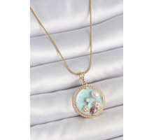 316L Çelik Gold Renk Zincir Mavi Mineli İnci Çiçek İşlemeli Zirkon Taş Detaylı Madalyon Model Kadın Kolye - TJ-BKO10174
