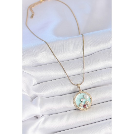 316L Çelik Gold Renk Zincir Mavi Mineli İnci Çiçek İşlemeli Zirkon Taş Detaylı Madalyon Model Kadın Kolye - TJ-BKO10174