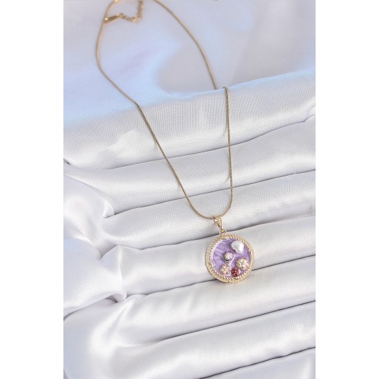 316L Çelik Gold Renk Zincir Mor Mineli İncili Çiçek İşlemeli Madalyon Model Kadın Kolye - TJ-BKO10175