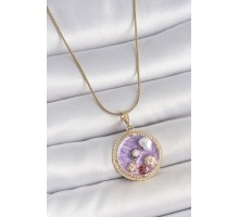 316L Çelik Gold Renk Zincir Mor Mineli İncili Çiçek İşlemeli Madalyon Model Kadın Kolye - TJ-BKO10175
