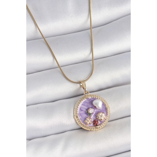 316L Çelik Gold Renk Zincir Mor Mineli İncili Çiçek İşlemeli Madalyon Model Kadın Kolye - TJ-BKO10175