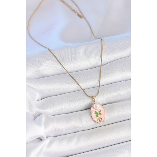 316L Çelik Gold Renk Zincir Pembe Mineli Oval İncili Çiçek İşlemeli Portre Model Kadın Kolye - TJ-BKO10176
