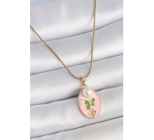 316L Çelik Gold Renk Zincir Pembe Mineli Oval İncili Çiçek İşlemeli Portre Model Kadın Kolye - TJ-BKO10176