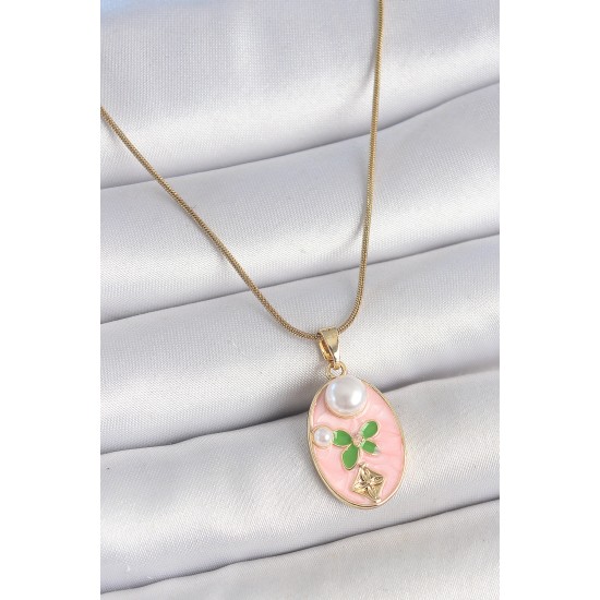 316L Çelik Gold Renk Zincir Pembe Mineli Oval İncili Çiçek İşlemeli Portre Model Kadın Kolye - TJ-BKO10176