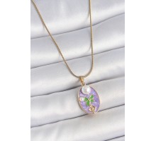 316L Çelik Gold Renk Zincir Mor Mineli Oval İncili Çiçek İşlemeli Portre Model Kadın Kolye - TJ-BKO10177