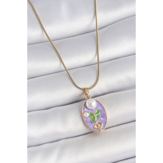 316L Çelik Gold Renk Zincir Mor Mineli Oval İncili Çiçek İşlemeli Portre Model Kadın Kolye - TJ-BKO10177