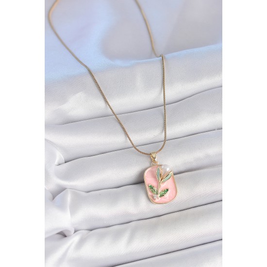 316L Çelik Gold Renk Zincir Pembe Mineli İncili Çiçek İşlemeli Portre Model Kadın Kolye - TJ-BKO10178