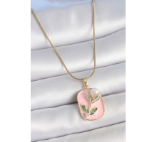 316L Çelik Gold Renk Zincir Pembe Mineli İncili Çiçek İşlemeli Portre Model Kadın Kolye - TJ-BKO10178