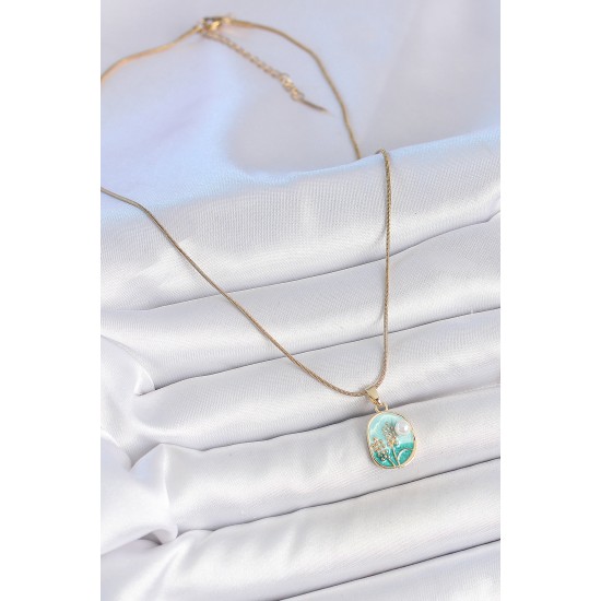 316L Çelik Gold Renk Zincir Mavi Mineli İncili Çiçek İşlemeli Portre Model Kadın Kolye - TJ-BKO10179