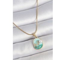 316L Çelik Gold Renk Zincir Mavi Mineli İncili Çiçek İşlemeli Portre Model Kadın Kolye - TJ-BKO10179