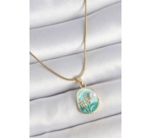 316L Çelik Gold Renk Zincir Mavi Mineli İncili Çiçek İşlemeli Portre Model Kadın Kolye - TJ-BKO10179