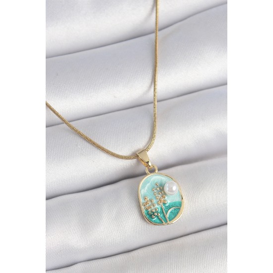 316L Çelik Gold Renk Zincir Mavi Mineli İncili Çiçek İşlemeli Portre Model Kadın Kolye - TJ-BKO10179