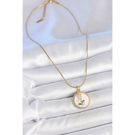 316L Çelik Gold Renk Beyaz Mineli İncili Çiçek İşlemeli Portre Model Kadın Kolye - TJ-BKO10180