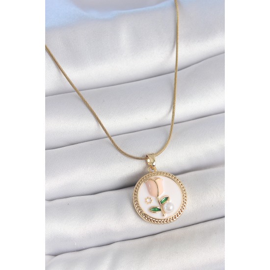 316L Çelik Gold Renk Beyaz Mineli İncili Çiçek İşlemeli Portre Model Kadın Kolye - TJ-BKO10180