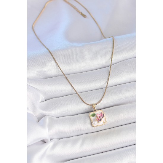 316L Çelik Gold Renk Zincir Beyaz Mineli İncili Çiçek İşlemeli Portre Model Kadın Kolye - TJ-BKO10181