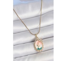 316L Çelik Gold Renk Zincir Mix Renk Çiçek İşlemeli Zirkon Taş Detaylı Portre Model Kadın Kolye - TJ-BKO10182