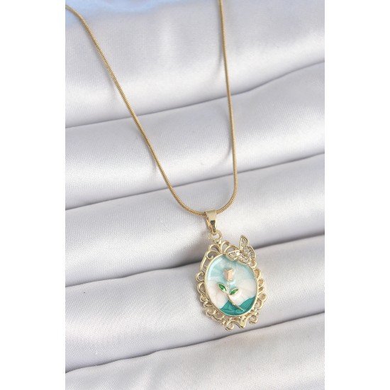 316L Çelik Gold Renk Zincir Mavi Mineli Çiçek İşlemeli Zirkon Taş Detaylı Portre Model Kadın Kolye - TJ-BKO10183