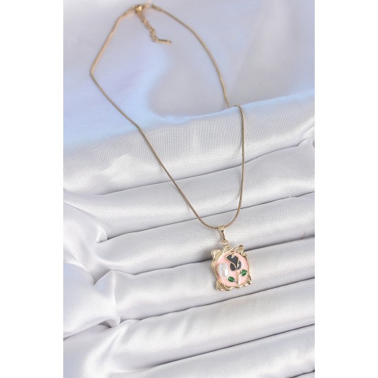 316L Çelik Gold Renk Zincir Pembe Mineli Çiçek İşlemli İnci Detay Portre Model Kadın Kolye - TJ-BKO10185