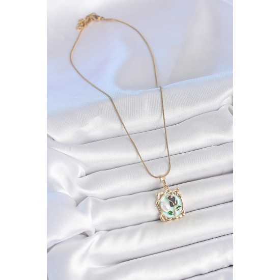 316L Çelik Gold Renk Zincir Mavi Mineli Çiçek İşlemeli İnci Detay Portre Model Kadın Kolye - TJ-BKO10186