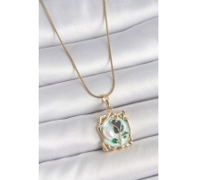 316L Çelik Gold Renk Zincir Mavi Mineli Çiçek İşlemeli İnci Detay Portre Model Kadın Kolye - TJ-BKO10186