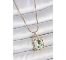 316L Çelik Gold Renk Zincir Mavi Mineli Çiçek İşlemeli İnci Detay Portre Model Kadın Kolye - TJ-BKO10186