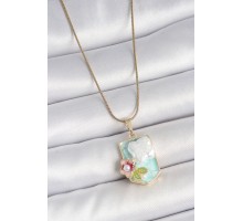 316L Çelik Gold Renk Zincir Mavi Mineli İncili Çiçek İşlemeli Portre Model Kadın Kolye - TJ-BKO10187