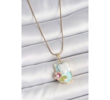 316L Çelik Gold Renk Zincir Mavi Mineli İncili Çiçek İşlemeli Portre Model Kadın Kolye - TJ-BKO10187