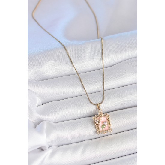 316L Çelik Gold Renk Zincir Pembe Mineli Çiçek İşlemeli Zirkon Taşlı Kelebek Detay Portre Model Kadın Kolye - TJ-BKO10188