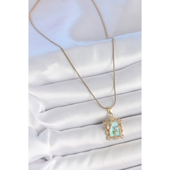 316L Çelik Gold Renk Zincir Mavi Mineli Çiçek İşlemeli Zirkon Taşlı Kelebek Detay Portre Model Kadın Kolye - TJ-BKO10189