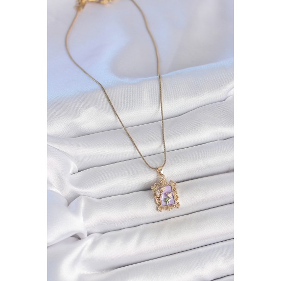 316L Çelik Gold Renk Zincir Mor Mineli Çiçek İşlemeli Zirkon Taşlı Kelebek Detay Portre Model Kadın Kolye - TJ-BKO10190