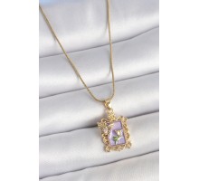 316L Çelik Gold Renk Zincir Mor Mineli Çiçek İşlemeli Zirkon Taşlı Kelebek Detay Portre Model Kadın Kolye - TJ-BKO10190