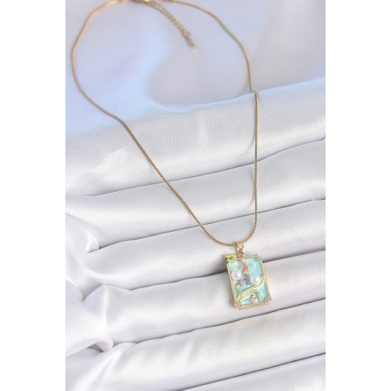 316L Çelik Gold Renk Zincir Mavi Mineli İncili Çiçek İşlemeli Portre Model Kadın Kolye - TJ-BKO10191