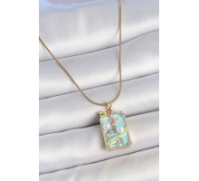 316L Çelik Gold Renk Zincir Mavi Mineli İncili Çiçek İşlemeli Portre Model Kadın Kolye - TJ-BKO10191