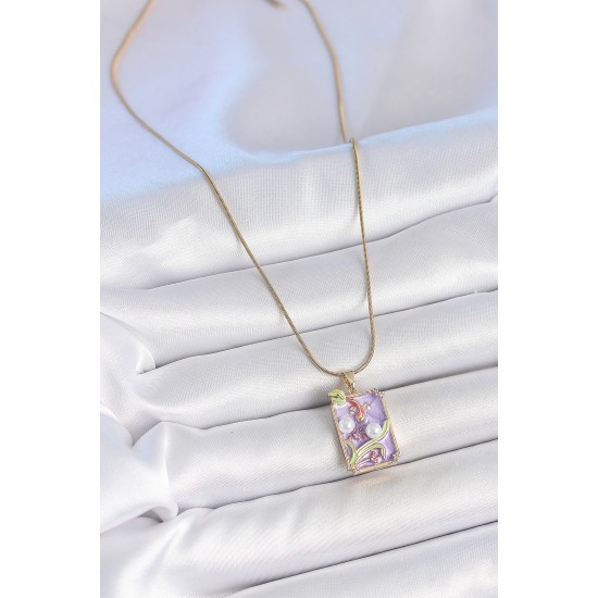 316L Çelik Gold Renk Zincir Mor Mineli İncili Çiçek İşlemeli Portre Model Kadın Kolye - TJ-BKO10192