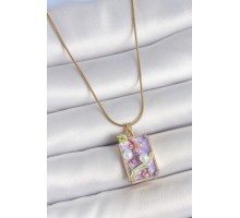 316L Çelik Gold Renk Zincir Mor Mineli İncili Çiçek İşlemeli Portre Model Kadın Kolye - TJ-BKO10192