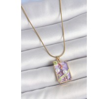 316L Çelik Gold Renk Zincir Mor Mineli İncili Çiçek İşlemeli Portre Model Kadın Kolye - TJ-BKO10192